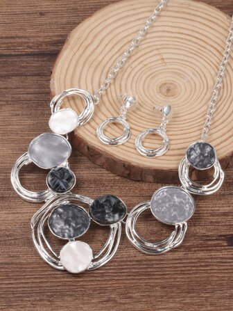 1pc Simple Geometric Pattern Circle Enamel Coating Alloy Necklace, 1pair Earrings Jewelry Set For Women/Girls, Elegant & Popular Pendant Dangle Earrings, Perfect For Party/Date/Gift Giving