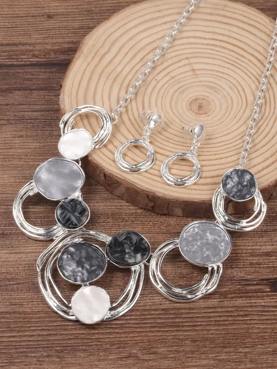 1pc Colar de Liga com Revestimento de Esmalte em Círculo com Padrão Geométrico Simples, 1 par de brincos, Conjunto de joias femininas, Brincos de pingente elegantes e populares, perfeitos para festa/encontro/doação de presente