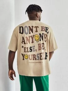 Manfinity VCAY Men Plus Loose Fit Slogan & Cartoon Face Printed T-Shirt - Apricot - View 1