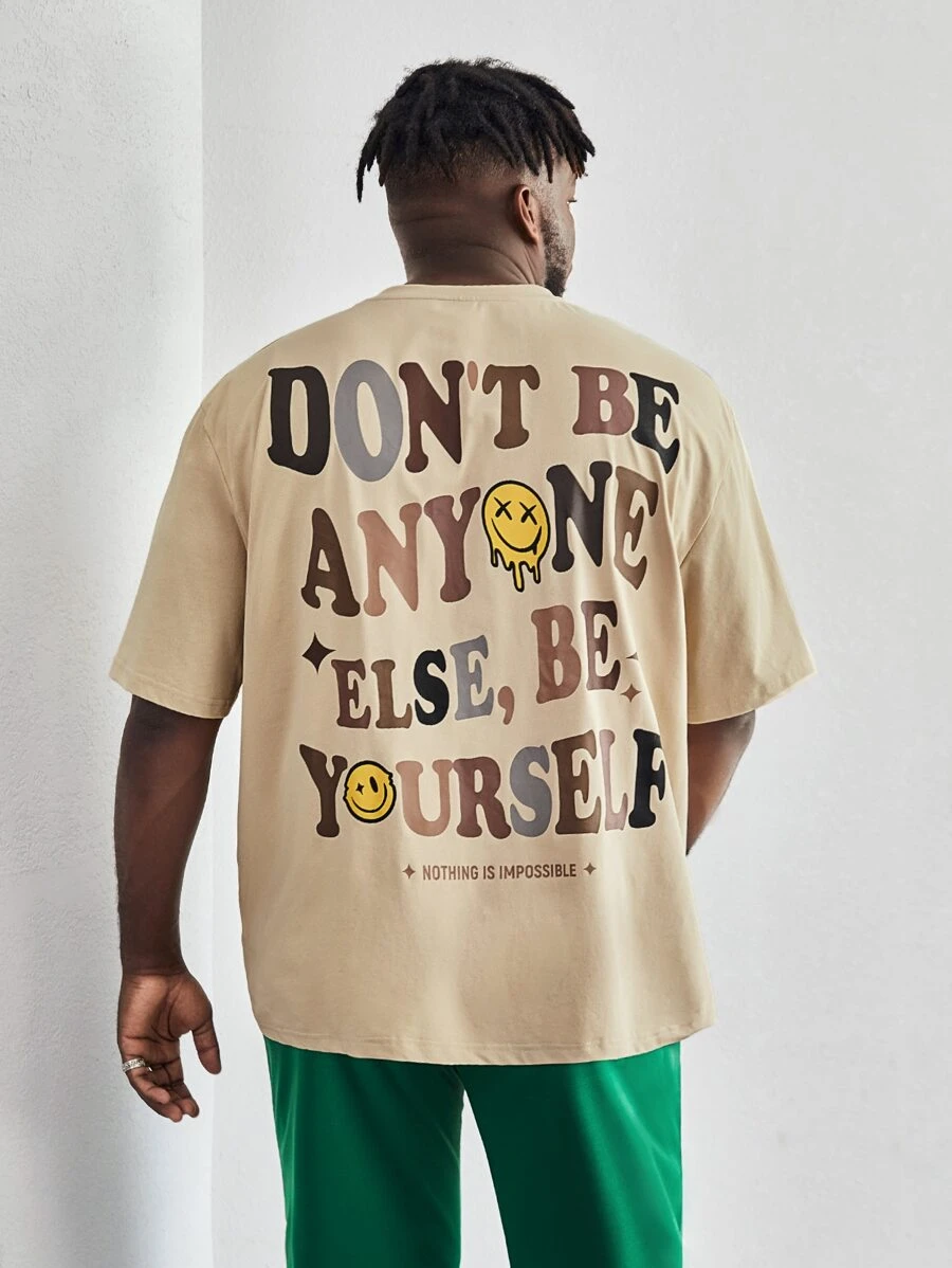 Manfinity VCAY Men Plus Loose Fit Slogan & Cartoon Face Printed T-Shirt - Apricot - View 1