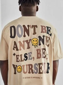 Manfinity VCAY Men Plus Loose Fit Slogan & Cartoon Face Printed T-Shirt - Apricot - View 3