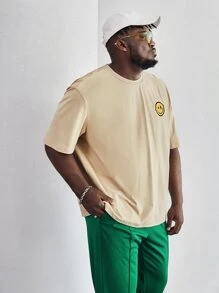 Manfinity VCAY Men Plus Loose Fit Slogan & Cartoon Face Printed T-Shirt - Apricot - View 7