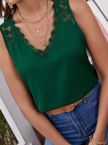 SHEIN Frenchy Contrast Guipure Lace Top Summer Elegant Green - Green - View 5