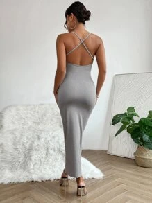 SHEIN PETITE 交叉露背緊身洋裝 - 灰色 - 查看 2