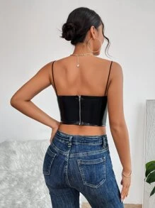 SHEIN PETITE 1pc Solid Crop PU Cami Top - Black - View 2