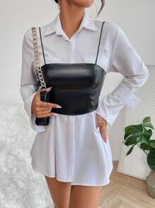 SHEIN PETITE 1pc Solid Crop PU Cami Top - Black - View 4