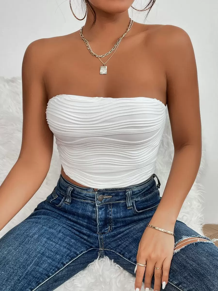 SHEIN PETITE Top tubo corto fruncido - Blanco - Ver 1