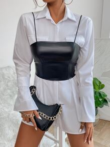 SHEIN PETITE 1pc Solid Crop PU Cami Top - Black - View 1