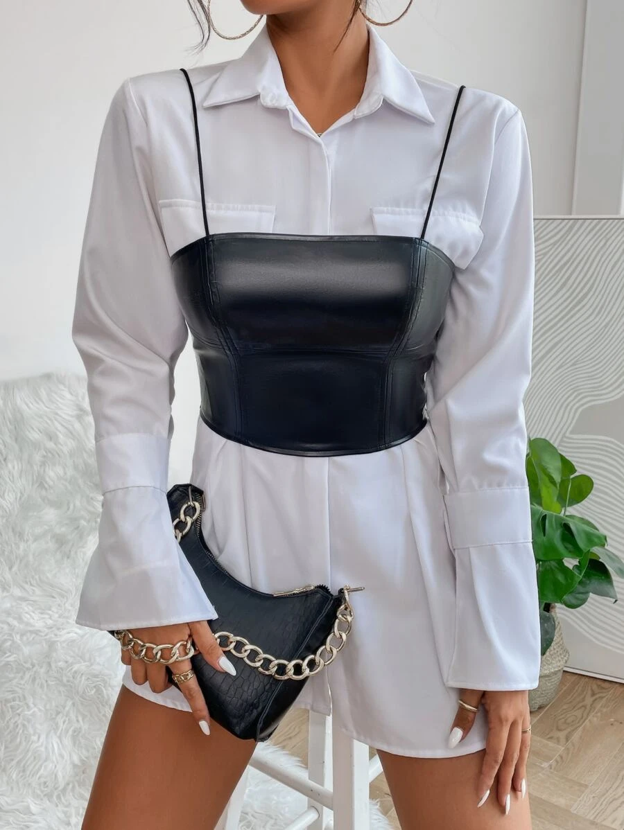 SHEIN PETITE 1pc Solid Crop PU Cami Top - Black - View 1