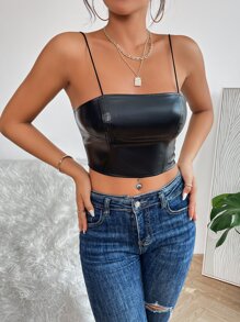 SHEIN PETITE 1pc Solid Crop PU Cami Top - Black - View 6