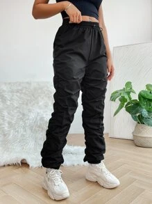 SHEIN PETITE Pantalones De Verano De Cintura Elástica Con Pliegues - Negro - Ver 2