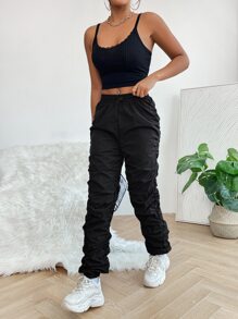 SHEIN PETITE Pantalones De Verano De Cintura Elástica Con Pliegues - Negro - Ver 3
