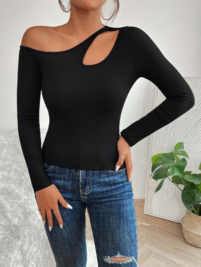 SHEIN PETITE Asymmetrical Neck Cut Out Tee