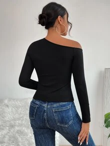 SHEIN PETITE Asymmetrical Neck Cut Out Tee - Black - View 2