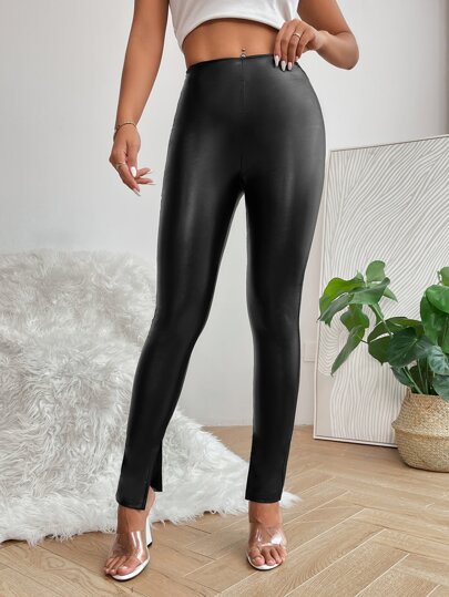SHEIN PETITE Split Hem PU Leather Skinny Pants