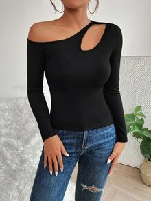 SHEIN PETITE Asymmetrical Neck Cut Out Tee - Black - View 3