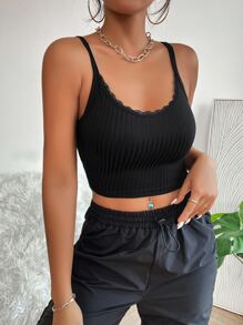 SHEIN PETITE 蕾絲邊吊帶短上衣 - 黑色 - 查看 3