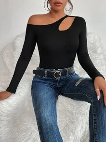 SHEIN PETITE Asymmetrical Neck Cut Out Tee - Black - View 4