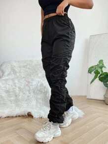 SHEIN PETITE Pantalones De Verano De Cintura Elástica Con Pliegues - Negro - Ver 5