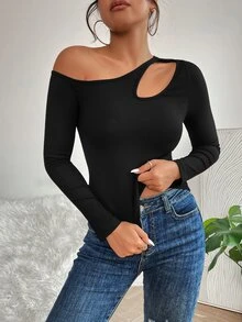 SHEIN PETITE Asymmetrical Neck Cut Out Tee - Black - View 5