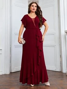 SHEIN Belle Vestido de dama de honor color rojo burdeos con inserto de malla, mangas de mariposa y dobladillo con volantes - Burdeos - Ver 5