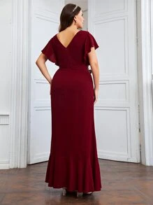 SHEIN Belle Vestido de dama de honor color rojo burdeos con inserto de malla, mangas de mariposa y dobladillo con volantes - Burdeos - Ver 4