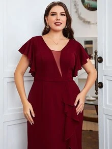 SHEIN Belle Vestido de dama de honor color rojo burdeos con inserto de malla, mangas de mariposa y dobladillo con volantes - Burdeos - Ver 2