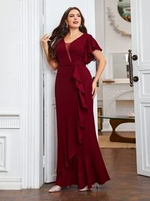 SHEIN Belle Vestido de dama de honor color rojo burdeos con inserto de malla, mangas de mariposa y dobladillo con volantes - Burdeos - Ver 1