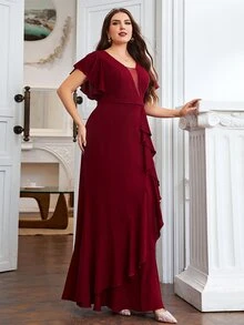 SHEIN Belle Vestido de dama de honor color rojo burdeos con inserto de malla, mangas de mariposa y dobladillo con volantes - Burdeos - Ver 6