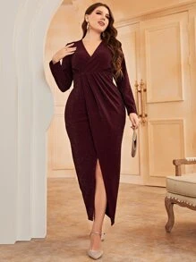 Modelyn Plus Surplice Neck Wrap Hem Dress - Maroon - View 3