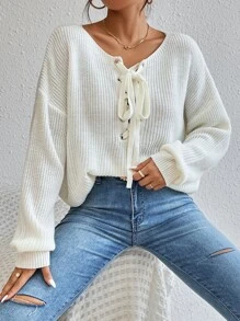 SHEIN Essnce Drop Shoulder Grommet Lace Up Jumper - Beige - View 1