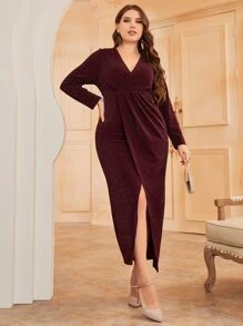 Modelyn Plus Surplice Neck Wrap Hem Dress - Maroon - View 6