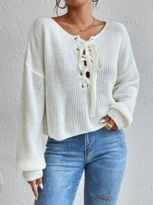 SHEIN Essnce Drop Shoulder Grommet Lace Up Jumper - Beige - View 3