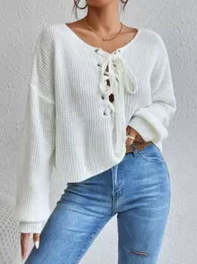 SHEIN Essnce Drop Shoulder Grommet Lace Up Jumper - Beige - View 4