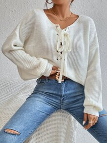 SHEIN Essnce Drop Shoulder Grommet Lace Up Jumper - Beige - View 6