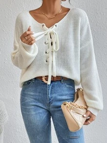 SHEIN Essnce Drop Shoulder Grommet Lace Up Jumper - Beige - View 7