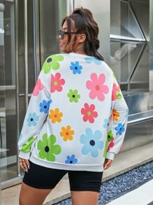 SHEIN Qutie Plus Floral Print Drop Shoulder Sweatshirt - White - View 2