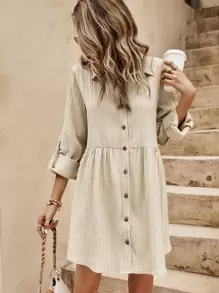 SHEIN LUNE Roll-up Sleeve Button Front Smock Dress - Apricot - View 1