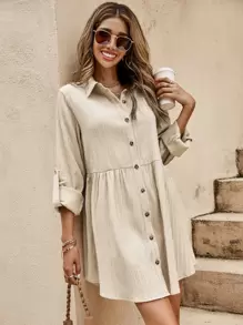 SHEIN LUNE Roll-up Sleeve Button Front Smock Dress - Apricot - View 6