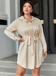 Flirla Vestido camisero con botón delantero con cinturón - Beis - Ver 5