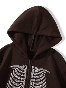 SHEIN Unity Skeleton Rhinestone Zip Up Thermal Lined Hoodie - Chocolate Brown - View 3