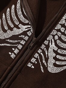 SHEIN Unity Skeleton Rhinestone Zip Up Thermal Lined Hoodie - Chocolate Brown - View 4