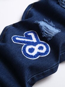 Men Bear & Letter Patched Ripped Slim Straight Jeans - Dark Wash - View 4