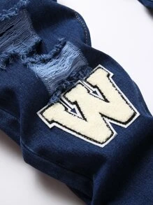 Men Bear & Letter Patched Ripped Slim Straight Jeans - Dark Wash - View 5