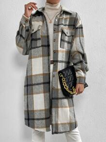 Plaid Print Drop Shoulder Flap Pocket Overcoat - Multicolor - View 1
