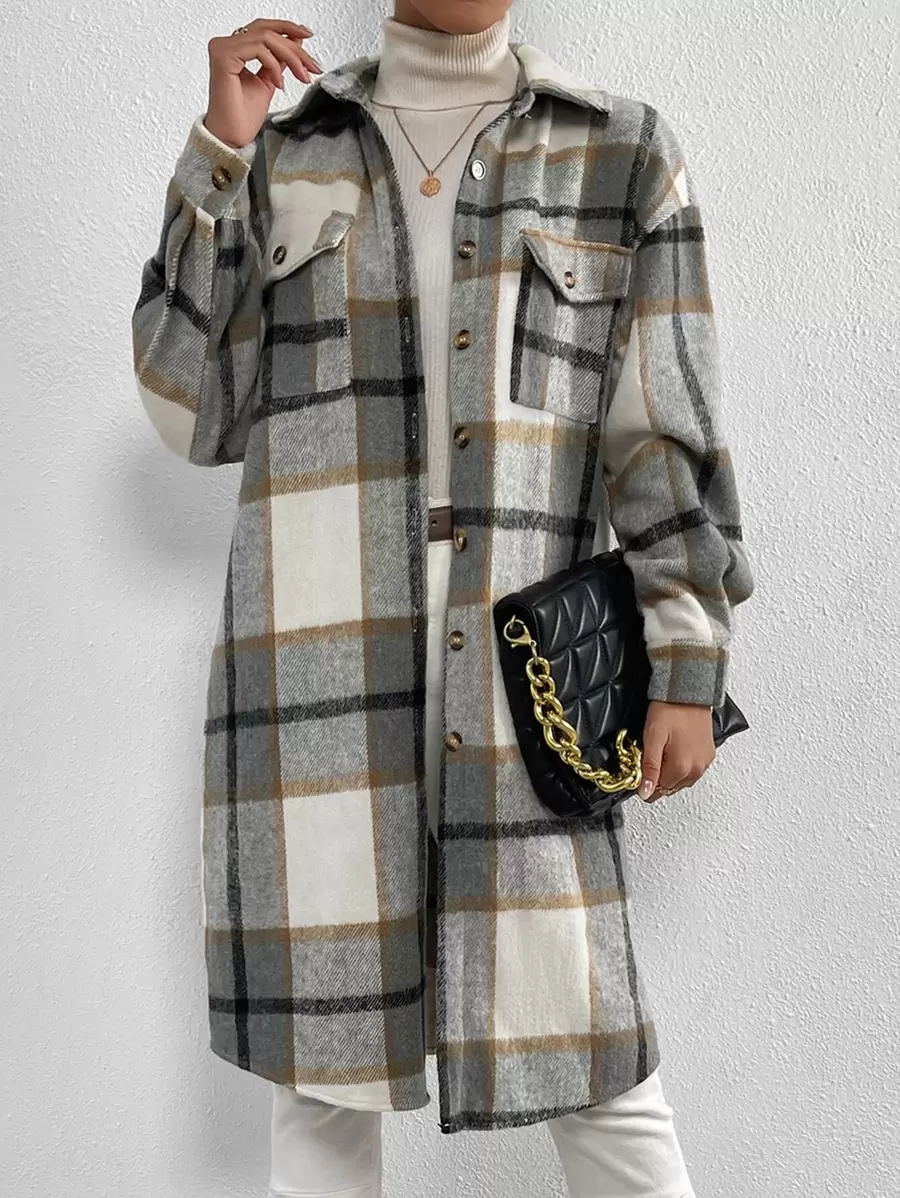 Plaid Print Drop Shoulder Flap Pocket Overcoat - Multicolor - View 1