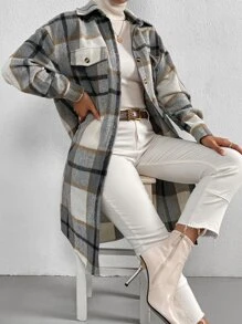 Plaid Print Drop Shoulder Flap Pocket Overcoat - Multicolor - View 5