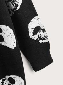 ROMWE PUNK Cárdigan de plumero con patrón de cráneo de hombros caídos con capucha - Negro - Ver 3