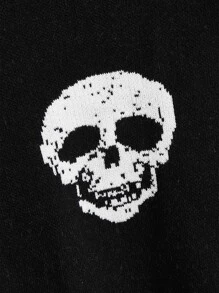 ROMWE PUNK Cárdigan de plumero con patrón de cráneo de hombros caídos con capucha - Negro - Ver 4