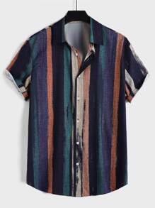 Manfinity VCAY Camisa casual de manga corta de corte holgado y con rayas de colores para hombres - Multicolor - Ver 1